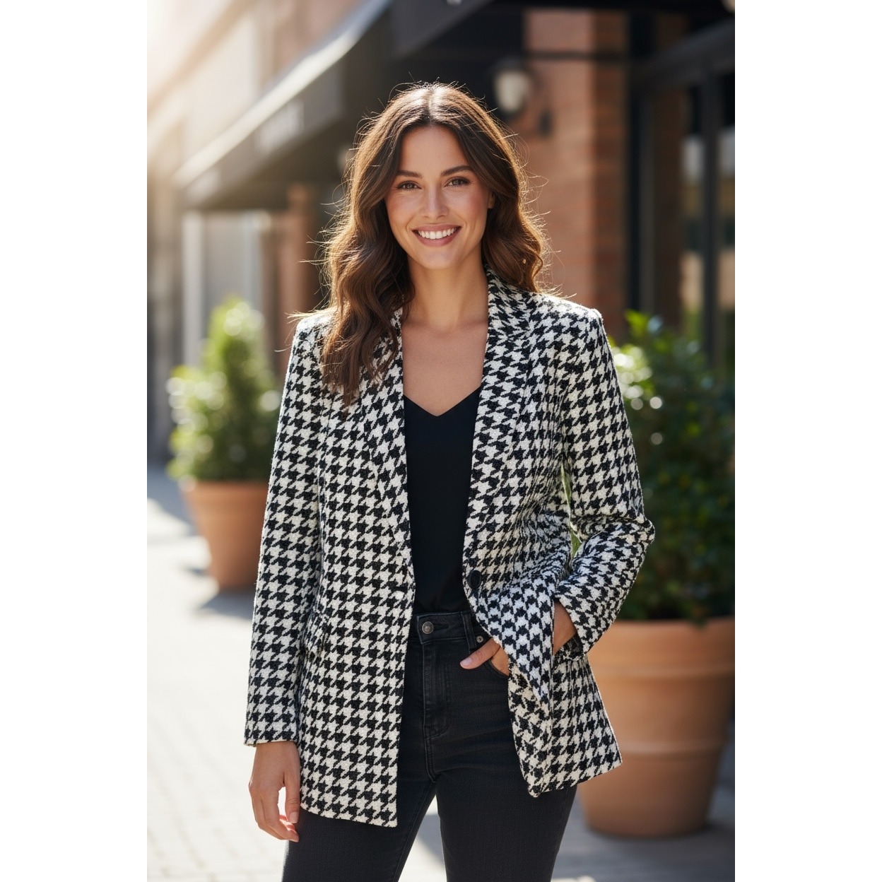 Torrid Women's Plus Size 1 Houndstooth Black And White Blazer Jacket